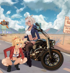 Rule 34 | 2girls, absurdres, animal ears, bandeau, black footwear, black legwear, blonde hair, blue eyes, blue jacket, blue shorts, blue sky, body markings, boots, braid, breasts, caenis (fate), cleavage, collarbone, cutoffs, dark-skinned female, dark skin, desert, fate/apocrypha, fate/grand order, fate (series), french braid, green eyes, grin, hair ornament, hair scrunchie, highres, jacket, jewelry, knee boots, large breasts, long hair, long sleeves, looking at viewer, mordred (fate), mordred (fate/apocrypha), mordred (memories at trifas) (fate), motor vehicle, motorcycle, multiple girls, necklace, open clothes, open jacket, parted bangs, ponytail, quatthro, red jacket, scrunchie, short shorts, shorts, sidelocks, sky, small breasts, smile, squatting, thighhighs, white hair