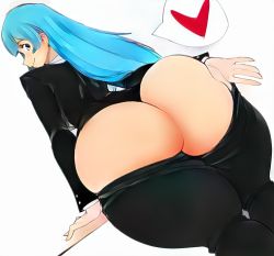 Rule 34 | 1girl, ass, black pants, blue eyes, blue hair, clothes pull, colorized, formal, from behind, heart, huge ass, jujutsu kaisen, long hair, looking at viewer, looking back, miwa kasumi, no panties, pants, pants pull, sketch, smile, solo, spoken heart, suit, thanuki, thick thighs, thighs, third-party edit, white background