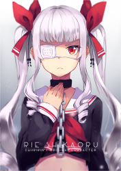 Rule 34 | &gt;:(, 1girl, artist name, blunt bangs, blurry, chain, character name, chiiririn, collar, crop top, depth of field, english text, eyepatch, frown, gradient background, hair ribbon, hand on own chest, long hair, long sleeves, medical eyepatch, navel, original, red eyes, red ribbon, ribbon, sailor collar, shikaoru rie, sidelocks, simple background, solo, upper body, v-shaped eyebrows