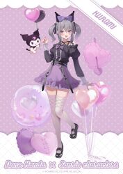 Rule 34 | artist name, balloon, black footwear, black ribbon, black shirt, bow, character name, full body, grey hair, hair between eyes, hair ribbon, hand up, heart balloon, highres, kanda done, kuromi, long sleeves, looking at viewer, mary janes, medium hair, off-shoulder shirt, off shoulder, onegai my melody, open mouth, purple bow, purple eyes, purple nails, purple skirt, ribbon, sanrio, shirt, shoes, skirt, smile, solo, standing, standing on one leg, thighhighs, twintails, white thighhighs, zettai ryouiki