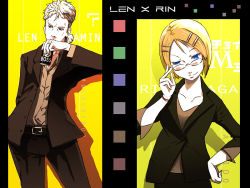 Rule 34 | 1boy, 1girl, bad id, bad pixiv id, blonde hair, blue eyes, brother and sister, can, formal, glasses, hair ornament, hairclip, jewelry, kagamine len, kagamine rin, kanipanda, aged up, ring, short hair, siblings, smile, suit, twins, vocaloid