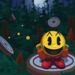 Rule 34 | 1boy, boots, colored skin, forest, full moon, gloves, highres, itisdoibs, looking at viewer, moon, nature, no humans, open mouth, orange gloves, pac-dot, pac-man, pac-man (game), red footwear, star (sky), tongue, trampoline, tree, twitter username, yellow skin