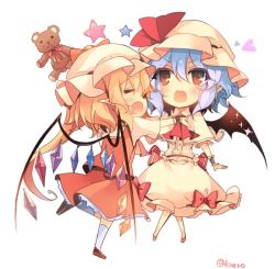 Rule 34 | 2girls, :o, ascot, bat wings, blonde hair, blue hair, blush, capelet, chibi, commentary request, crystal, fang, flandre scarlet, full body, hat, hat ribbon, heart, jpeg artifacts, kirero, mob cap, multiple girls, open mouth, pointy ears, puffy short sleeves, puffy sleeves, red eyes, red ribbon, remilia scarlet, ribbon, short sleeves, siblings, side ponytail, sisters, skirt, skirt set, star (symbol), stuffed animal, stuffed toy, teddy bear, touhou, v-shaped eyebrows, wings, wrist cuffs