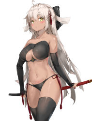 Rule 34 | 1girl, :&lt;, ahoge, arm guards, black bow, black panties, black thighhighs, blush, bow, breasts, cleavage, closed mouth, clothing cutout, collarbone, commentary request, cowboy shot, dark-skinned female, dark skin, fate/grand order, fate (series), hair between eyes, hair bow, highres, holding, holding sword, holding weapon, koha-ace, large breasts, long hair, looking at viewer, majin saber, navel, okita souji (fate), okita souji (koha-ace), okita souji alter (fate), panties, pixel (yuxian), shiny skin, simple background, solo, standing, sword, tan, thighhighs, underboob cutout, underwear, very long hair, weapon, white background, white hair, yellow eyes