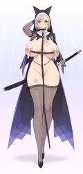 1girl absurdres animal_ears black_thighhighs breast_curtains fake_animal_ears highres holding holding_sword holding_weapon nipple_chain nipple_piercing nun original piercing rekaerb_maerd sword thighhighs weapon