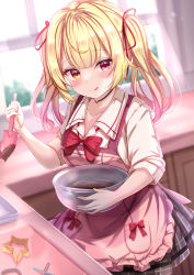 Rule 34 | 1girl, :q, apron, black choker, blonde hair, blush, bow, bowl, bowtie, choker, closed mouth, commentary request, frilled apron, frills, gradient hair, hair ribbon, heterochromia, highres, holding, holding bowl, holding spatula, hoshikawa sara, hoshikawa sara (4th costume), indoors, kitchen, long hair, multicolored hair, nijisanji, pink apron, pink hair, plaid, plaid skirt, pleated skirt, red bow, red bowtie, red eyes, red ribbon, ribbon, shirt, skirt, smile, solo, spatula, tongue, tongue out, twintails, virtual youtuber, white shirt, window, yellow eyes, yuano