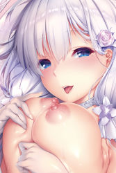 Rule 34 | 1girl, azur lane, blue eyes, blush, breast lift, breasts, choker, close-up, flower, hair between eyes, hair flower, hair ornament, illustrious (azur lane), illustrious (morning star of love and hope) (azur lane), large breasts, lips, long hair, looking at viewer, low twintails, mole, mole under eye, nipples, nironiro, parted lips, rose, saliva, solo, teeth, tongue, tongue out, twintails, upper body, veil, white choker, white flower, white rose