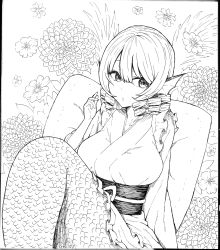 Rule 34 | 1girl, absurdres, ballpoint pen (medium), breasts, closed mouth, drill hair, drill sidelocks, fins, flower, frilled kimono, frills, greyscale, head fins, highres, japanese clothes, ke-su, kimono, large breasts, long sleeves, looking at viewer, mermaid, monochrome, monster girl, sash, short hair, sidelocks, solo, touhou, traditional media, wakasagihime