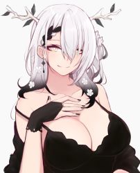 Rule 34 | 1girl, antlers, bare shoulders, black shirt, blouse, blush, braid, braided bangs, branch, breasts, ceres fauna, cleavage, closed mouth, collarbone, flower, gloves, hair between eyes, hair flower, hair ornament, highres, hololive, hololive english, horns, large breasts, long hair, looking at viewer, loose clothes, loose shirt, m r b, mole, mole under eye, multicolored hair, shirt, simple background, single braid, smile, solo, two-tone hair, virtual youtuber, white hair, yellow eyes