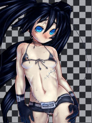 Rule 34 | 10s, 1girl, belt, bikini, bikini top only, black hair, black rock shooter, black rock shooter (character), blue eyes, blush, bodypaint, breasts, checkered background, gloves, hand on own hip, highres, hip focus, long hair, navel, nipple piercing, nipples, nude, painted clothes, pale skin, piercing, pussy, raplus, ra（izow）+, scar, short shorts, shorts, small breasts, solo, sweat, swimsuit, twintails, uncensored, very long hair, vocaloid