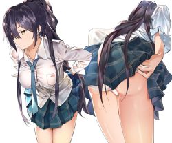 Rule 34 | 1girl, adjusting clothes, adjusting panties, artist request, ass, bad id, bad twitter id, black hair, breasts, clothes lift, earrings, hair between eyes, harutoyo, idolmaster, idolmaster shiny colors, jewelry, large breasts, lifting own clothes, long hair, multiple views, necklace, necktie, panties, pantyshot, pleated skirt, ponytail, school uniform, shirase sakuya, shirt, simple background, skirt, skirt lift, underwear, white background, white panties, white shirt, yellow eyes