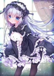 Rule 34 | 1girl, angora rabbit, animal, black bow, black dress, black pantyhose, blue eyes, blurry, blurry background, blush, bow, chestnut mouth, child, commentary request, commission, curtains, depth of field, dress, frilled dress, frilled sleeves, frills, fuxiyu, gochuumon wa usagi desu ka?, gothic lolita, hair between eyes, hair ornament, hairclip, highres, holding, holding animal, juliet sleeves, kafuu chino, leaning forward, lolita fashion, long hair, long sleeves, looking at viewer, pantyhose, parted lips, puffy sleeves, rabbit, silver hair, skeb commission, sleeves past wrists, thank you, tippy (gochiusa), very long hair, wide sleeves, window, x hair ornament