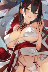 Rule 34 | 1girl, :d, azur lane, bare shoulders, bikini, black hair, blush, breasts, commentary request, groin, hair between eyes, hair ornament, highleg, highleg bikini, horns, japanese clothes, kimono, large breasts, long hair, looking at viewer, momi, nail polish, neck bell, obi, off shoulder, oni horns, open mouth, playing with own hair, sash, skindentation, smile, solo, string bikini, suzuya (azur lane), swimsuit, thong bikini, white bikini, white kimono, white nails, yellow eyes