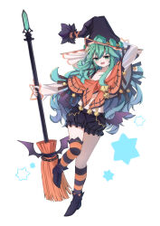 Rule 34 | 1girl, bat wings, berserker0113, blush, broom, broom riding, date a live, full body, gem, green eyes, green gemstone, green hair, hat, highres, long hair, long sleeves, looking at viewer, natsumi (date a live), navel, open mouth, smile, socks, solo, star (symbol), striped clothes, striped socks, wings, witch, witch hat