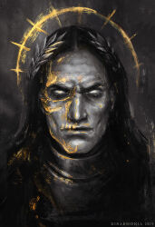 Rule 34 | 1boy, abstract background, armor, artist name, black hair, blank eyes, breastplate, cleft chin, dated, emperor of mankind, frown, furrowed brow, gold trim, halo, halo behind head, laurel crown, limited palette, long hair, male focus, no pupils, portrait, side part, skull, skull marking, solo, spot color, straight-on, straight hair, veronica anrathi, warhammer 40k, yellow halo
