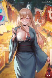 Rule 34 | 1girl, alternate costume, artist name, aztodio, bag, black choker, blonde hair, blue kimono, bra, breasts, choker, cleavage, collarbone, ear piercing, earrings, festival, flashing, floating hair, floral print, food stand, grin, holding, holding bag, japanese clothes, jewelry, kimono, kimono pull, kitagawa marin, large breasts, long hair, looking at viewer, obi, piercing, pouch, pulling own clothes, red eyes, sash, smile, solo, sono bisque doll wa koi wo suru, teeth, underwear, white bra, wide sleeves, yukata