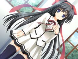 1girl, black hair, black legwear, hinamatsuri touko, long hair, mikoko (game), school uniform, solo, takegami sayo, thighhighs