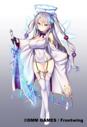 Rule 34 | 1girl, baradiel (jibril), bare shoulders, black gloves, breasts, cleavage, commentary request, dennou tenshi djibril, energy wings, garter belt, gloves, gradient background, grey background, hair between eyes, hair ornament, halo, highres, holding, holding sword, holding weapon, ice, leotard, long hair, long sleeves, looking at viewer, medium breasts, official art, scimitar, sidelocks, silver hair, solo, swept bangs, sword, tahya, thighhighs, two side up, weapon, white background, white leotard, white thighhighs, wide sleeves