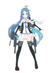Rule 34 | 1girl, absurdres, adapted turret, black gloves, black thighhighs, blue eyes, blue hair, blue neckerchief, brown footwear, cannon, elbow gloves, fingerless gloves, full body, gloves, highres, kantai collection, loafers, long hair, looking at viewer, miniskirt, neckerchief, neve (morris-minicooper), original remodel (kantai collection), pleated skirt, rigging, samidare (kancolle), scarf, school uniform, serafuku, shoes, skirt, smile, solo, standing, thigh strap, thighhighs, torpedo launcher, very long hair, white background, white scarf, white skirt
