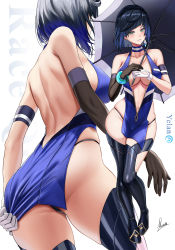 Rule 34 | 1girl, alternate costume, arm strap, ass, asymmetrical gloves, backless outfit, bare back, bare shoulders, black gloves, black panties, blue dress, blue hair, blue thighhighs, blush, boots, collarbone, diagonal bangs, dress, elbow gloves, genshin impact, gloves, green eyes, highres, holding, holding umbrella, panties, parted lips, piukute062, race queen, short hair, smile, thigh boots, thighhighs, thighs, umbrella, underwear, white gloves, yelan (genshin impact)