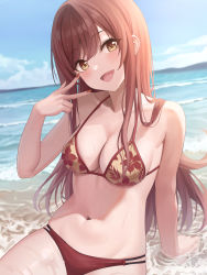 Rule 34 | 1girl, :d, absurdres, beach, bikini, blue sky, breasts, cleavage, cloud, dripping, floral print, fujizarashi, happy, highres, idolmaster, idolmaster shiny colors, long hair, looking at viewer, medium breasts, nail polish, navel, open mouth, osaki amana, outdoors, red bikini, red hair, red nails, sand, sitting, sky, smile, solo, stomach, straight hair, swept bangs, swimsuit, w, water, wet, yellow eyes