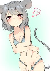 Rule 34 | &gt;:(, 1girl, animal ears, bare arms, bare shoulders, blush, bra, breasts, collarbone, commentary request, cowboy shot, dutch angle, gradient background, green background, grey bra, grey hair, grey panties, groin, highres, karasusou nano, looking at viewer, mouse ears, mouse tail, navel, nazrin, panties, panty tug, red eyes, short hair, sketch, small breasts, solo, squiggle, standing, stomach, tail, thighs, touhou, underwear, v-shaped eyebrows, white background