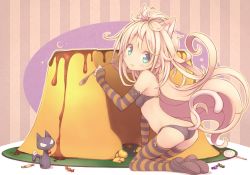 Rule 34 | 1girl, :t, animal, animal ears, bikini, black bikini, blonde hair, blue eyes, brown footwear, candy, cat, cat ears, cat tail, commentary request, elbow gloves, fingerless gloves, food, food on face, gloves, halloween, highres, holding, holding spoon, kneeling, kuro (kuroneko no kanzume), lollipop, long hair, looking at viewer, looking back, original, plate, pudding, shoes, solo, spoon, striped background, striped clothes, striped gloves, striped thighhighs, swimsuit, tail, thighhighs, vertical stripes, very long hair