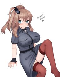 Rule 34 | 1girl, absurdres, anchor ornament, blue eyes, breast pocket, breasts, brown hair, dress, grey dress, high side ponytail, highres, kantai collection, large breasts, long hair, looking at viewer, maru (marg0613), one-hour drawing challenge, pocket, ponytail, red thighhighs, saratoga (kancolle), saratoga mk ii (kancolle), side ponytail, simple background, sitting, smokestack hair ornament, solo, thighhighs, white background