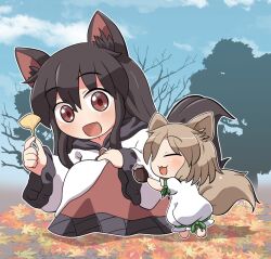 Rule 34 | 2girls, animal ears, autumn, autumn leaves, blush, brown hair, closed eyes, commentary request, dress, fox ears, fox tail, ginkgo leaf, green ribbon, holding, holding leaf, imaizumi kagerou, kudamaki tsukasa, leaf, light brown hair, long hair, long sleeves, maple leaf, multiple girls, open mouth, red eyes, ribbon, rokugou daisuke, romper, short hair, short sleeves, signature, smile, tail, touhou, white dress, white romper, wide sleeves, wolf ears, wolf tail