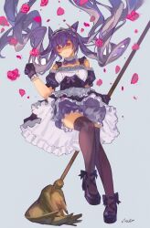 Rule 34 | 1girl, absurdres, alternate costume, apron, bloomers, bow, bowtie, broom, collar, cone hair bun, dress, enmaided, frilled skirt, frills, full body, genshin impact, gloves, hair bun, hand up, high heels, highres, holding, holding broom, keqing (genshin impact), legs, long hair, looking at viewer, maid, maid headdress, parted lips, purple bloomers, purple bow, purple bowtie, purple dress, purple eyes, purple footwear, purple gloves, purple hair, purple thighhighs, rui (gsr1982), short sleeves, signature, skirt, solo, thighhighs, twintails, very long hair, white apron, white collar
