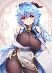 Rule 34 | 1girl, ahoge, arm under breasts, bare shoulders, bell, black gloves, black legwear, blue hair, blush, bodystocking, bodysuit, breasts, covered erect nipples, detached sleeves, ganyu (genshin impact), genshin impact, gloves, gold trim, groin, highres, horns, large breasts, long hair, looking at viewer, multicolored eyes, neck bell, paid reward available, pelvic curtain, purple eyes, sidelocks, smile, solo, standing, thighs, umou (may65879), very long hair, white sleeves