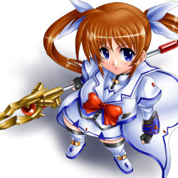 Rule 34 | 00s, 1girl, blue eyes, boots, brown hair, fingerless gloves, from above, gao (artist), gao (naodayo), gloves, hair ribbon, long hair, lyrical nanoha, magical girl, mahou shoujo lyrical nanoha, mahou shoujo lyrical nanoha strikers, purple eyes, raising heart, ribbon, solo, takamachi nanoha, takamachi nanoha (aggressor mode), thigh boots, thighhighs, twintails