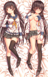 Rule 34 | 10s, 1girl, asymmetrical legwear, bed sheet, black hair, breasts, dakimakura (medium), full body, gloves, isokaze (kancolle), kantai collection, long hair, mismatched legwear, multiple views, nazu-na, open clothes, panties, panty pull, pleated skirt, pussy, red eyes, single thighhigh, skirt, thighhighs, uncensored, underwear, very long hair
