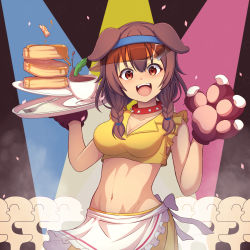 Rule 34 | 1girl, :d, animal ears, animal hands, apron, blush, braid, breasts, brown eyes, brown hair, chili pepper, cleavage, collar, collared shirt, crop top, cup, dog ears, dog girl, doggy god&#039;s street, food, fork, gloves, groin, highres, holding, holding tray, hololive, inugami korone, long hair, looking at viewer, midriff, navel, open mouth, pancake, pancake stack, paw gloves, plate, saucer, severed finger, shirt, sleeveless, sleeveless shirt, smile, solo, spiked collar, spikes, spotlight, syrup, tea, teacup, tray, twin braids, virtual youtuber, visor, waist apron, yorunaku tanishi