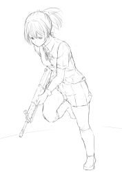 Rule 34 | 10s, 1girl, assault rifle, bad id, bad twitter id, battle rifle, bow, female focus, fn fal, full body, gloves, greyscale, gun, hair bow, highres, holding, holding gun, holding weapon, kantai collection, leg up, lineart, monochrome, neck ribbon, niwatazumi, pleated skirt, ponytail, ribbon, rifle, school uniform, shiranui (kancolle), shirt, shoes, short sleeves, simple background, sketch, skirt, socks, solo, vest, weapon, white background