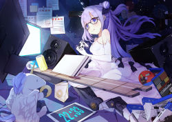 Rule 34 | 1girl, 999kun, azur lane, blue eyes, can, cd, cd case, clock, closed mouth, commentary, controller, digital clock, dress, drink can, elbow gloves, evening gown, from side, game console, game controller, glasses, gloves, hair between eyes, hair ribbon, highres, licking lips, long hair, one side up, playstation 4, purple hair, ribbon, sitting, soda can, solo, speaker, stuffed animal, stuffed toy, stuffed unicorn, television, tongue, tongue out, unicorn (azur lane), wariza, white dress, white gloves