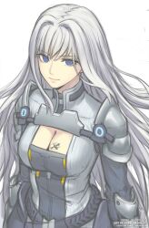 Rule 34 | 1girl, artist name, blue eyes, breast tattoo, breasts, cleavage, cleavage cutout, closed mouth, clothing cutout, commentary, ethel (xenoblade), gofelem, grey hair, grey jacket, hair between eyes, hair intakes, jacket, long hair, looking at viewer, medium breasts, simple background, solo, tattoo, twitter username, unfinished, upper body, very long hair, watermark, web address, white background, xenoblade chronicles (series), xenoblade chronicles 3