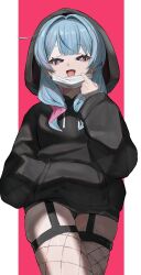 Rule 34 | 1girl, :d, absurdres, black hoodie, blue eyes, blue hair, byou (vfyk8337), cowboy shot, drawstring, fishnet thighhighs, fishnets, garter straps, hair intakes, hand in pocket, hatsune miku, heart, heart-shaped pupils, highres, hood, hood up, hoodie, legs together, leotard, leotard under clothes, long bangs, long hair, looking at viewer, mask, mask pull, mouth mask, multicolored hair, open mouth, pillarboxed, pink background, pink hair, pure pure (rabbit hole), rabbit hole (vocaloid), sidelocks, simple background, smile, solo, straight-on, streaked hair, surgical mask, symbol-shaped pupils, thick thighs, thighhighs, thighs, twintails, vocaloid, white mask