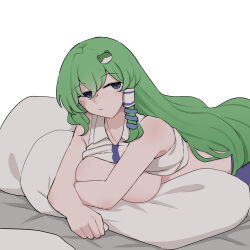 Rule 34 | 1girl, arm rest, blue eyes, blue skirt, breasts, closed mouth, clothes lift, collared shirt, convenient censoring, frog hair ornament, green hair, hair ornament, half-closed eyes, highres, kochiya sanae, large breasts, long hair, lying, mata (matasoup), on pillow, on stomach, shirt, shirt lift, simple background, single sidelock, skirt, sleeveless, sleeveless shirt, snake hair ornament, solo, touhou, white background, white shirt