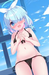 Rule 34 | 1girl, arona (blue archive), blue archive, blue eyes, blue hair, breasts, cameltoe, cleft of venus, collarbone, commentary request, hair over one eye, halo, headband, highres, karaage3, looking at viewer, navel, open mouth, ruins, short hair, sky, small breasts, swimsuit, tears, window