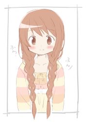 Rule 34 | 1girl, alternate hairstyle, arms at sides, border, braid, brown eyes, brown hair, camisole, closed mouth, collarbone, cropped torso, dot nose, frilled camisole, frills, happy, highres, jacket, light blush, long hair, looking at viewer, magia record: mahou shoujo madoka magica gaiden, mahou shoujo madoka magica, multicolored clothes, multicolored jacket, outside border, simple background, smile, solo, striped clothes, striped jacket, tareme, tsubaki (tatajd), twin braids, white background, white border, yui tsuruno, yui tsuruno (pajamas costume)