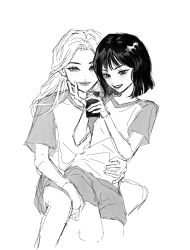 Rule 34 | 2girls, animification, blush, cellphone, glint, greyscale, hand on another&#039;s chin, hand on another&#039;s waist, highres, holding, holding phone, huh yun-jin, invisible chair, k-pop, kim chae-won, le sserafim, lipstick, long hair, makeup, monochrome, multiple girls, murenzi, parted lips, phone, real life, shirt, short hair, shorts, sitting, sitting on lap, sitting on person, sketch, smartphone, smile, v-shaped eyebrows, white background, yuri