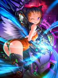Rule 34 | 1girl, ;p, animal ears, armor, armored boots, ass, bare shoulders, bent over, black footwear, blunt bangs, blush, bodysuit, boots, breasts, brown hair, building, cameltoe, cat ears, cityscape, closed mouth, copyright request, covered erect nipples, facial mark, feathered wings, flying, from behind, gauntlets, highres, leotard, light, light rays, looking at viewer, looking back, lucknight, machinery, magic, mecha, mechanical wings, one eye closed, purple eyes, robot, short hair, small breasts, smile, solo, star (symbol), tareme, tattoo, tongue, tongue out, white wings, wings