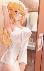 Rule 34 | 1girl, absurdres, alternate hairstyle, arayuki (sakurafubuki), arm tattoo, armpits, arms behind head, arms up, bathroom, blonde hair, bottle, breasts, chest tattoo, cleavage, cowboy shot, crossed bangs, door, flower tattoo, genshin impact, groin, hair down, highres, indoors, large breasts, long hair, looking at viewer, mirror, naked towel, open door, open mouth, raised eyebrows, red eyes, see-through, sidelocks, sink, solo, steam, tattoo, thighs, tile wall, tiles, towel, wet, wet towel, white towel, yoimiya (genshin impact)