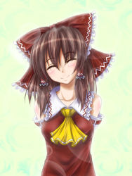 Rule 34 | 1girl, arms behind back, bare shoulders, blush, bow, breasts, brown hair, female focus, hair bow, hakurei reimu, head tilt, lens flare, negamaro, shirt, smile, solo, taut clothes, taut shirt, touhou