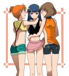 Rule 34 | 3girls, :d, alternate color, alternate costume, ass, ass grab, back, bare shoulders, bike shorts, black dress, blue eyes, blue hair, blunt bangs, blush, breasts, brown hair, butt crack, closed mouth, clothes lift, collared shirt, creatures (company), crop top, crop top overhang, cropped legs, dawn (pokemon), denim, denim shorts, dress, dress lift, eye contact, female focus, fff threesome, friends, game freak, girl sandwich, grabbing another&#039;s ass, groping, group sex, gym leader, hand under clothes, highres, impossible clothes, long hair, looking at another, may (pokemon), may (pokemon emerald), medium breasts, midriff, miniskirt, misty (pokemon), multigrope, multiple girls, naughty face, navel, nintendo, no bra, no headwear, open mouth, orange hair, orange shirt, pink skirt, pokemon, pokemon (anime), pokemon dppt, pokemon rgby, pokemon rse, ponytail, revealing clothes, sandwiched, shiny clothes, shiny skin, shirt, shirt lift, short dress, short hair, short ponytail, short shorts, shorts, side ponytail, skirt, skirt lift, sleeveless, sleeveless dress, sleeveless shirt, smile, spandex, standing, suspenders, takaya n, tank top, thigh gap, thighs, threesome, underboob, wide ponytail, yellow shirt, yuri