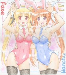 Rule 34 | 2023, 2girls, animal ears, arm around waist, arm up, artist name, between breasts, black ribbon, black thighhighs, blonde hair, blue leotard, blue necktie, blush, breasts, brown hair, character name, chinese zodiac, cleavage, collar, colored pencil (medium), commentary request, covered navel, cowboy shot, dated, detached collar, english text, fake animal ears, fake tail, fate testarossa, female focus, fishnet thighhighs, fishnets, hair ribbon, hairband, heart, highleg, highleg leotard, leotard, long hair, looking at viewer, lyrical nanoha, matching hairstyle, matching outfits, medium breasts, multiple girls, navel, necktie, new year, open mouth, partial commentary, playboy bunny, purple eyes, rabbit ears, rabbit tail, red eyes, red leotard, red necktie, ribbon, shinozuki takumi, side-by-side, signature, smile, standing, strapless, strapless leotard, symmetrical pose, tail, takamachi nanoha, thighhighs, traditional media, twintails, white collar, white ribbon, wing collar, wrist cuffs, year of the rabbit