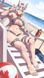 Rule 34 | 1girl, abs, animal ears, ball, beach, beach chair, beachball, bikini, black bikini, blue sky, blurry, blurry background, breasts, cleavage, closed mouth, cloud, cloudy sky, collar, earrings, eyewear on head, fingernails, full body, highres, holding, inubashiri momiji, jewelry, large breasts, looking at viewer, lyoung0j, navel, outdoors, red eyes, short hair, sitting, sky, smile, solo, sunglasses, swimsuit, table, tail, thighs, toes, toned, touhou, water, white hair, wolf ears, wolf girl, wolf tail
