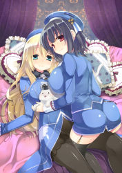 Rule 34 | 10s, 2girls, ass, atago (kancolle), bed, bed sheet, beret, black hair, black legwear, blonde hair, blue eyes, breasts, cat, frilled pillow, frills, from behind, garter straps, hat, indoors, kantai collection, kneeling, large breasts, looking at viewer, looking back, lying, multiple girls, on back, on bed, pantyhose, pillow, pink eyes, tahya, takao (kancolle), thighhighs, uniform, yuri
