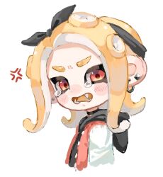 Rule 34 | 1girl, anger vein, angry, black bow, black choker, black hairband, blonde hair, bow, choker, commentary request, ear piercing, earrings, fangs, hairband, jacket, jewelry, letterman jacket, medium hair, myon rio, nintendo, octoling, octoling girl, octoling player character, open mouth, piercing, red eyes, simple background, solo, splatoon (series), tears, teeth, tentacle hair, upper body, v-shaped eyebrows, white background